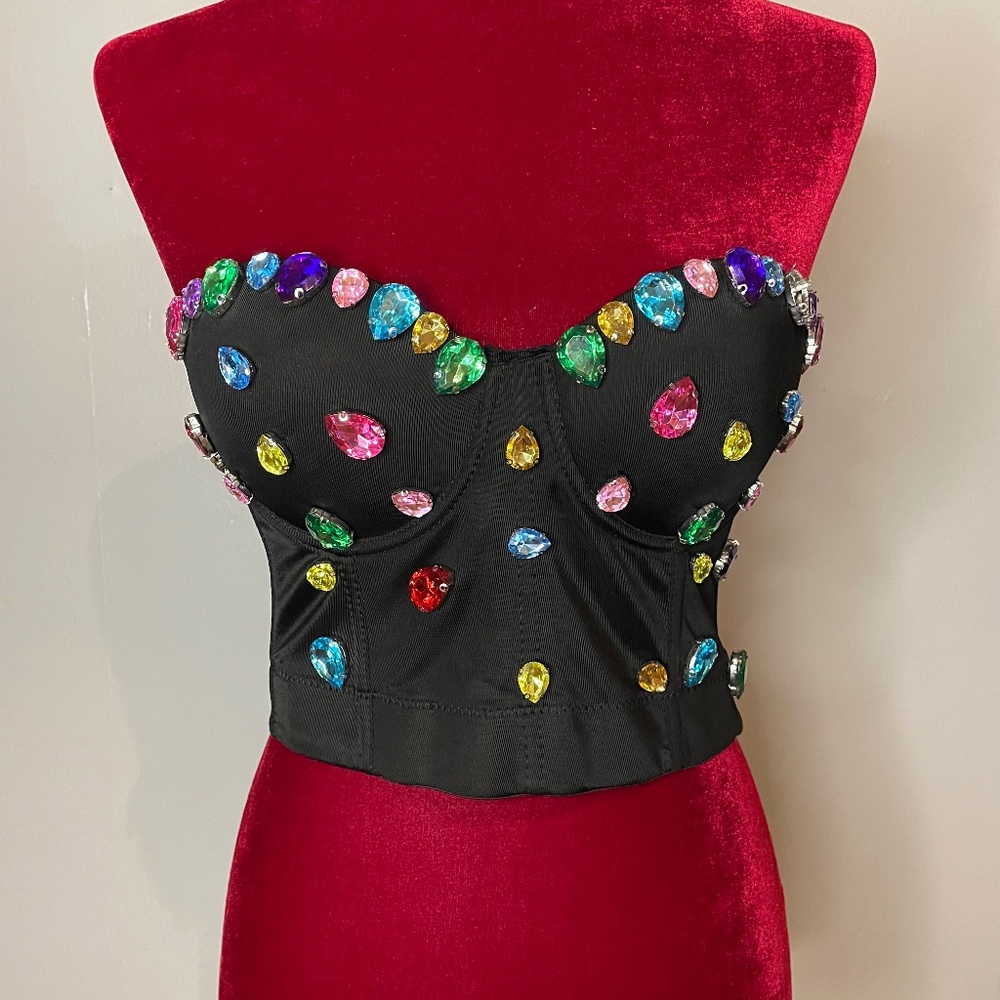 Kaylee Kollection Black Strapless Halter Rhinestone Corset Women’s Size S